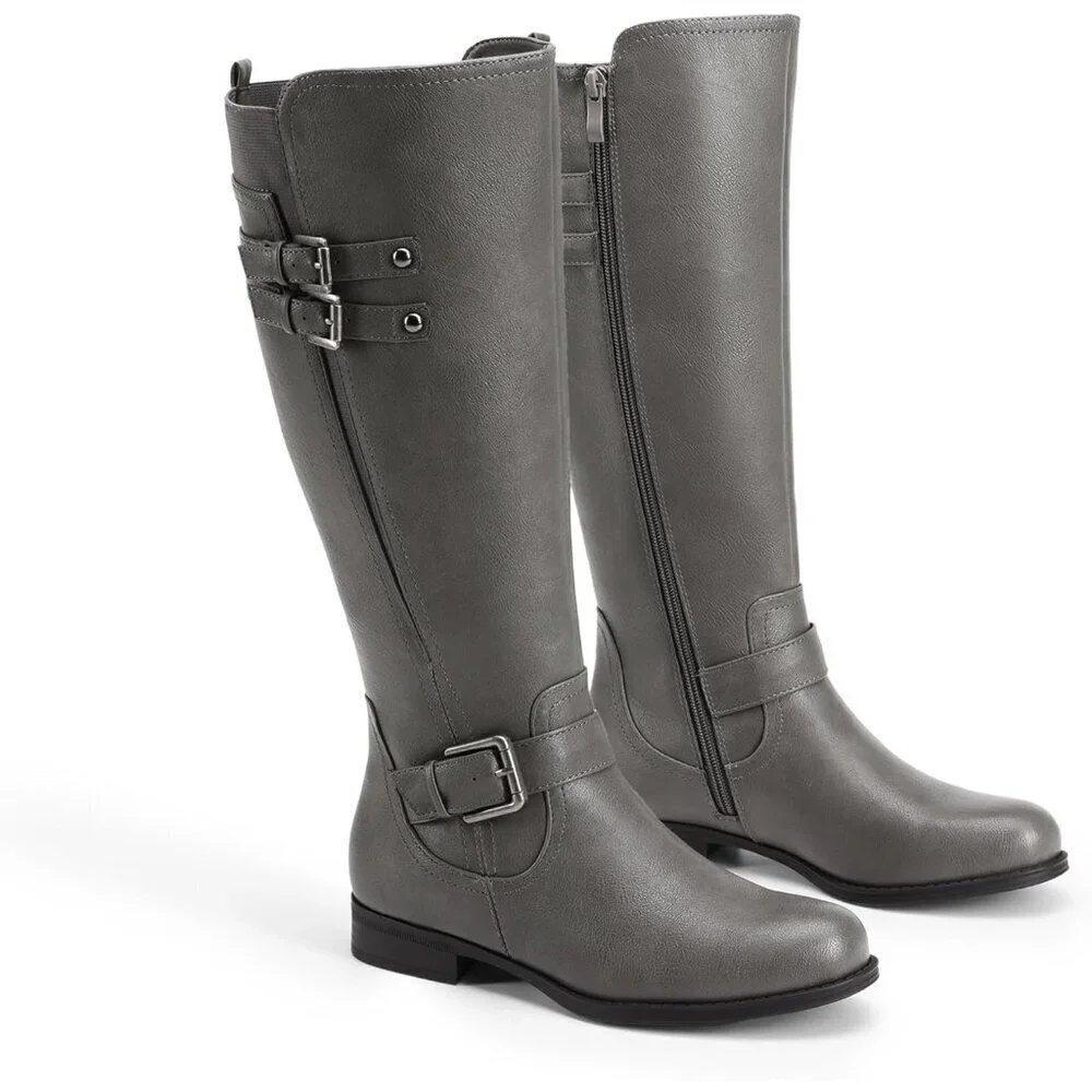 🆕Women's Faux Leather Grey Knee High Buckle Chunky Heel Flat Riding Pirate Boot